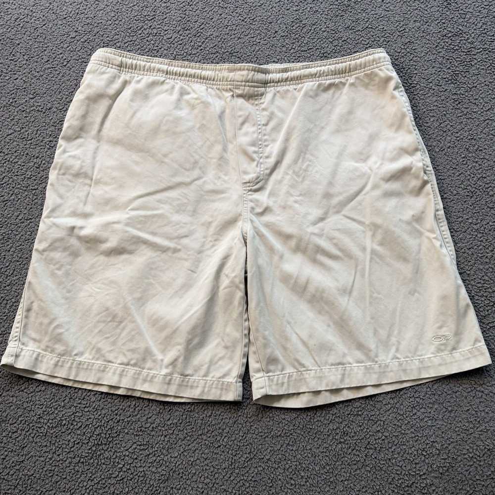 VTG OP Ocean Pacific Khaki Beach Shorts Beige Elastic Waist Surf Skate Men's M